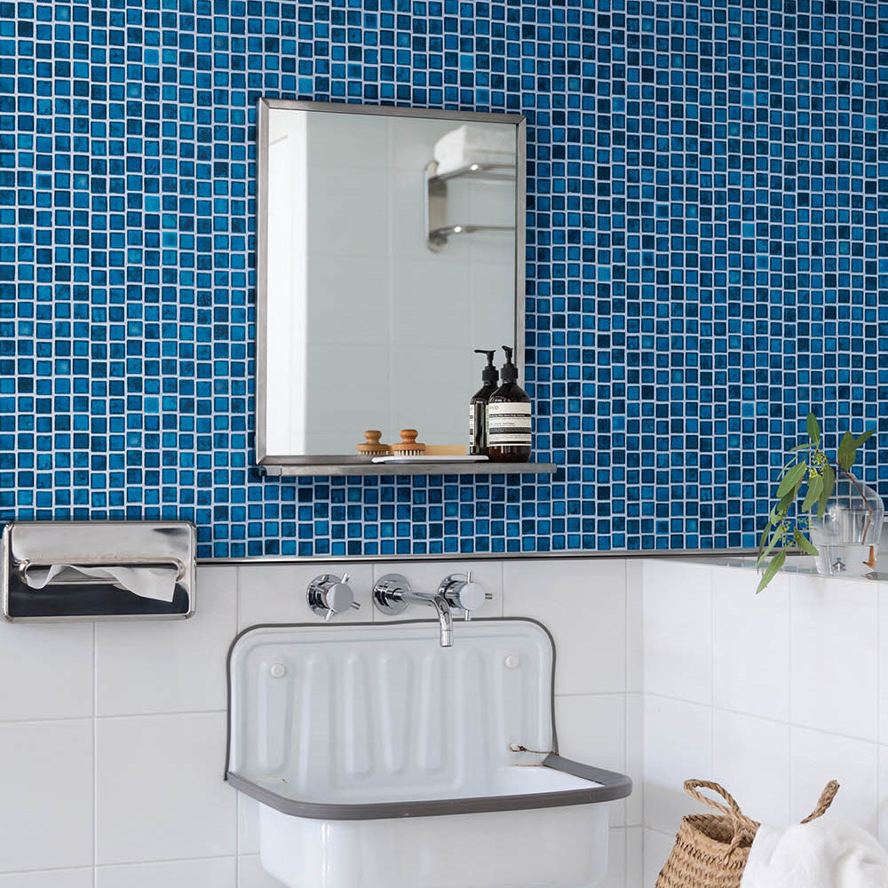 レトロな青タイル|LV2297|のり付き壁紙